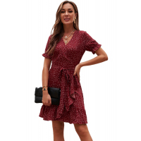 Red Bohemian Dotted Print Wrap V Neck Ruffled Mini Dress 