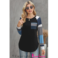 Black Color Block Striped Pocket Long Sleeve Top