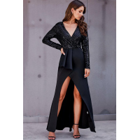 Black Long Sleeve V Neck Wrapped Sequin Bodice Long Prom Dress