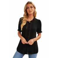 Black Lace Crochet Frilled Short Sleeve Top