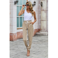 Khaki Casual Striped Drawstring Pants