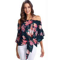 Blue Off Shoulder Floral Tie Front High Low Chiffon Blouse