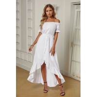 White Glaze High Low Off The Shoulder Maxi Dress