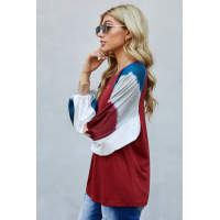 Red Lantern Sleeve Color Block Pullover Loose T-shirts