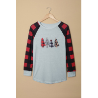 Red Christmas Pattern Plaid Splice Long Sleeve Top