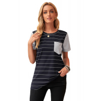 Black Striped Short Sleeve Contrast Color T-Shirt with Pocket