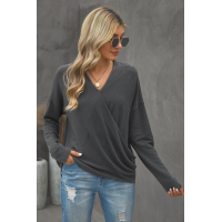 V-Neck Wrap Front Irregular Twist Hem Long Sleeve Top