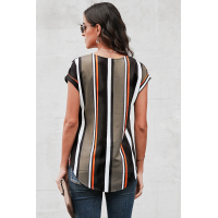 Black V Neck Stripes Roll up Short Sleeve Zip Up Blouse