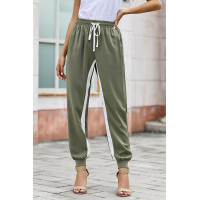 Green Casual Striped Drawstring Pants