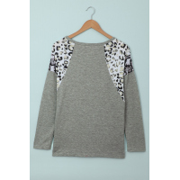 Gray Long Sleeve Top With Leopard Snakeskin Print