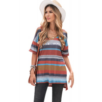 Multicolor Color Block V Neck Short Sleeve Top