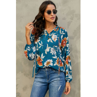 Blue Hues Of Autumn Floral Lantern Sleeve Blouse