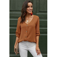 Orange Button Detail Roll Up Sleeve Blouse