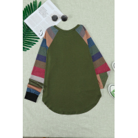 Green Color Block Striped Pocket Long Sleeve Top