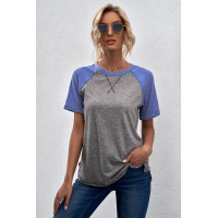 Gray Raglan Sleeve Patchwork Colorblock Tee