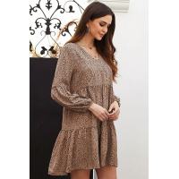 Brown Leopard Ruffle V-Neck Flowy Loose Tunic Dress