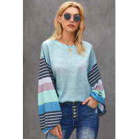 Sky Blue Striped Colorblock Long Sleeve Knit Top