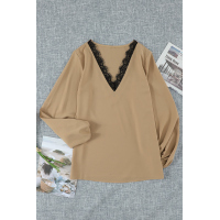 Khaki Lace V Neck Balloon Sleeves Top