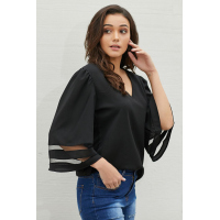 Black Flare Sleeve V Neck Loose Blouse