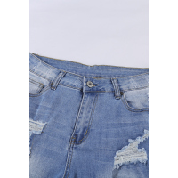 Blue Distressed Mid Rise Frayed Hem Denim Shorts