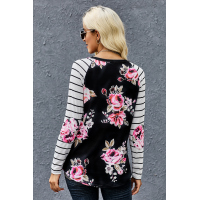 Floral Striped Elbow Patch Baseball Long Sleeve Top