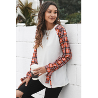 Orange Plaid Patchwork Long Sleeve Top with Cuff Bow