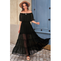 Black Off Shoulder Ruffle Swiss Dot Maxi Dress