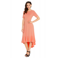 Coral Flowy Ruffles Short Sleeve Casual Dress