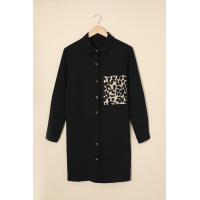 Black Cheetah Print Pocket Button Design Casual Shirt