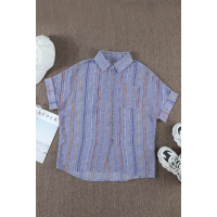 Blue V Neck Stripes Roll up Sleeve Button Shirt