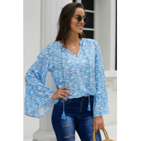 Sky Blue Chiffon V Neck Printed Bell Sleeve Blouse