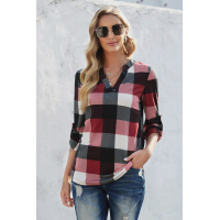 Red Contrast Plaid V Neck Long Sleeve Top