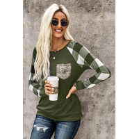 Green Plaid Splicing Sequined Pocket Long Sleeve Top