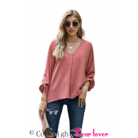 V Neck 3/4 Sleeve High Low Hem Shirt