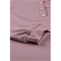 Pink Buttoned V Neck Cotton Loose Fit Top