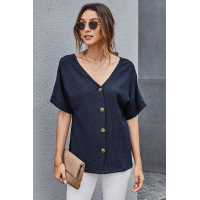 Blue V Neck Button Front Crinkled Blouse