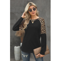 Black Leopard Stitching Long Sleeve Top