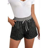 Gray Leopard Print Drawstring Waist Shorts