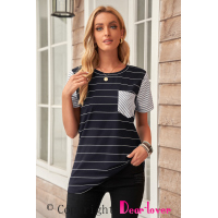 Black Striped Short Sleeve Contrast Color T-Shirt with Pocket