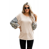 Khaki Leopard Striped Print Sleeve Colorblock Top