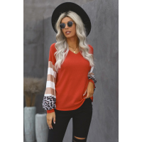 Orange V Neck Leopard Stripe Splice Lantern Sleeve Top