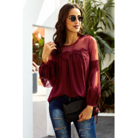 Red Fashion Lantern-Sleeve Lace Patchwork Top