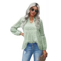 Green Ruffled Split Neck Lace Hollow Out Puff Sleeve Polka Dot Blouse