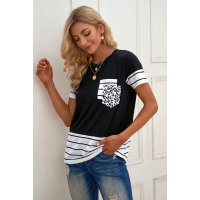 Black Striped Detail T-shirt with Patch Pocket