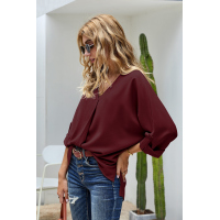 Wine V Neck 3/4 Sleeve High Low Hem Shirt