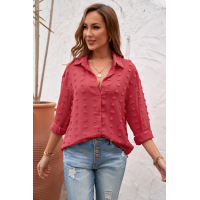 Red Long Sleeve Button Fuzzy Polka Dot Shirt