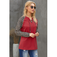 Red Leopard Patchwork Lace-up Front Long Sleeve Top