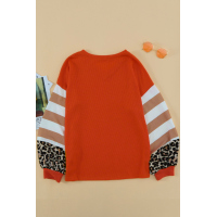 Orange V Neck Leopard Stripe Splice Lantern Sleeve Top