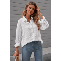 White Long Sleeve Button Fuzzy Polka Dot Shirt