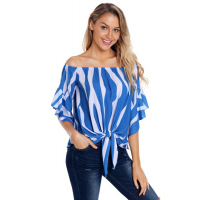 Off The Shoulder Vertical Stripes Blouse in Blue